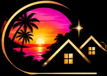 Sunset badge with palms and two gold roofs