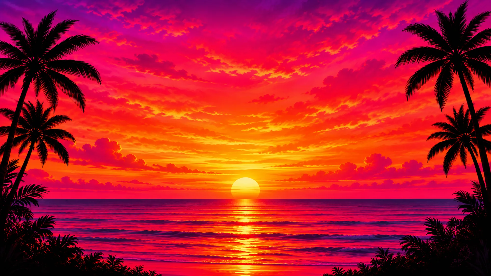 A brilliant pink, orange and gold Florida sunset over calm water, framed by palms
